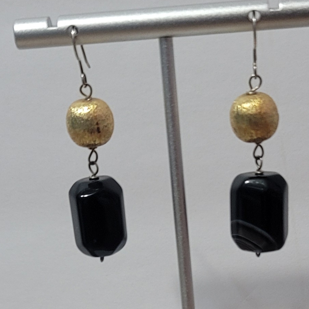 Vintage Obsidian Gold Tone Black Dangle Earrings